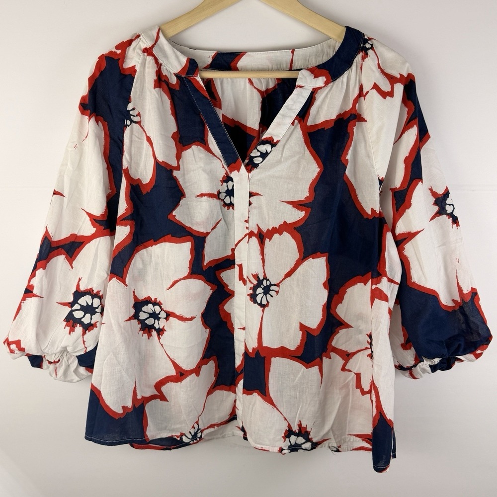 Boho Floral Blouse Red White Blue Peasant Top Balloon Sleeve Medium